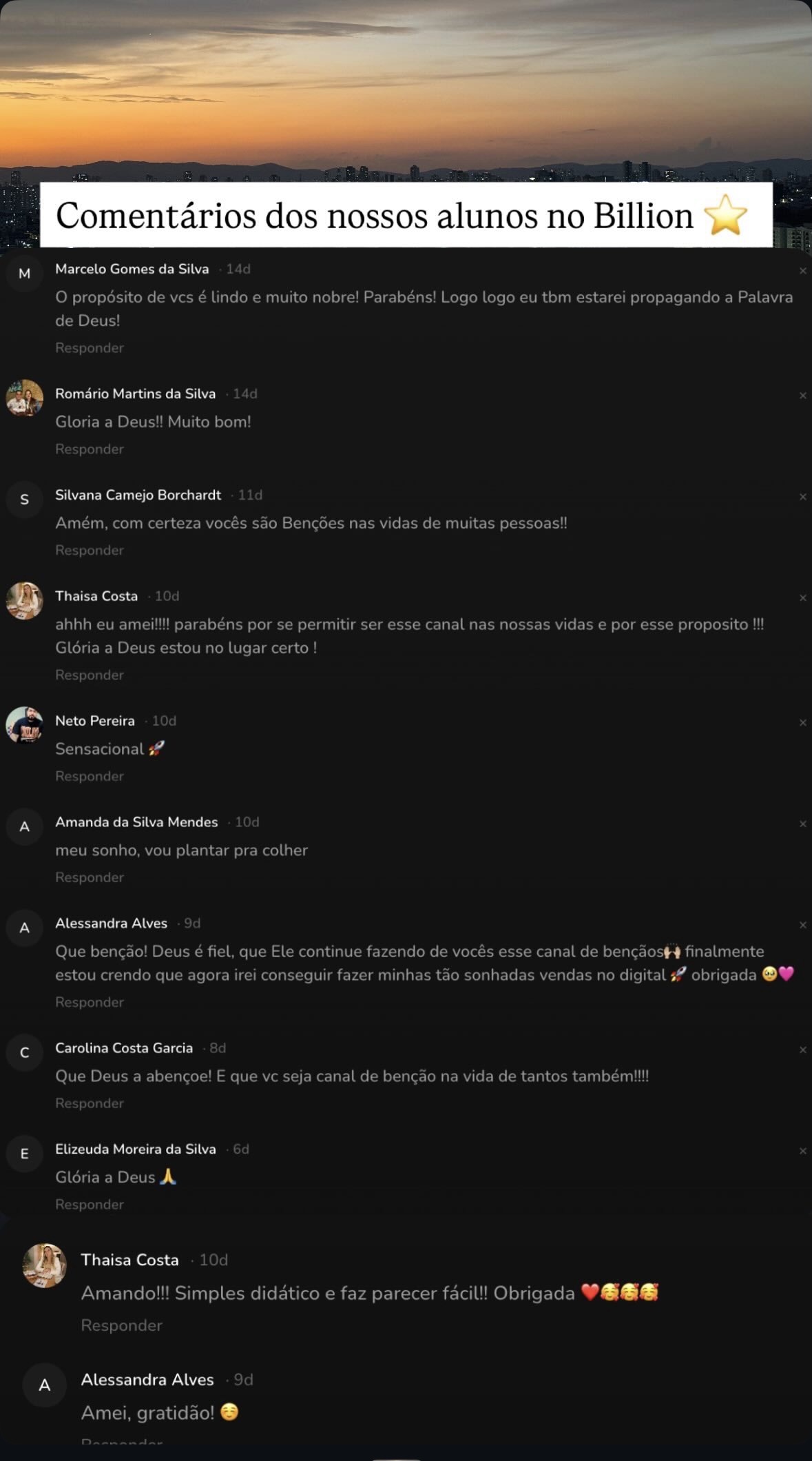 Comentários de alunos do Sistema Billion elogiando o método