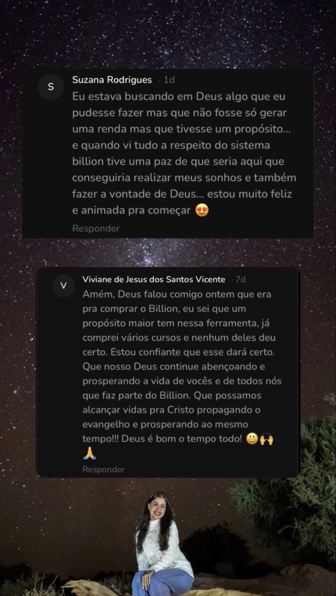 Comentários de alunas sobre propósito e resultados no Sistema Billion