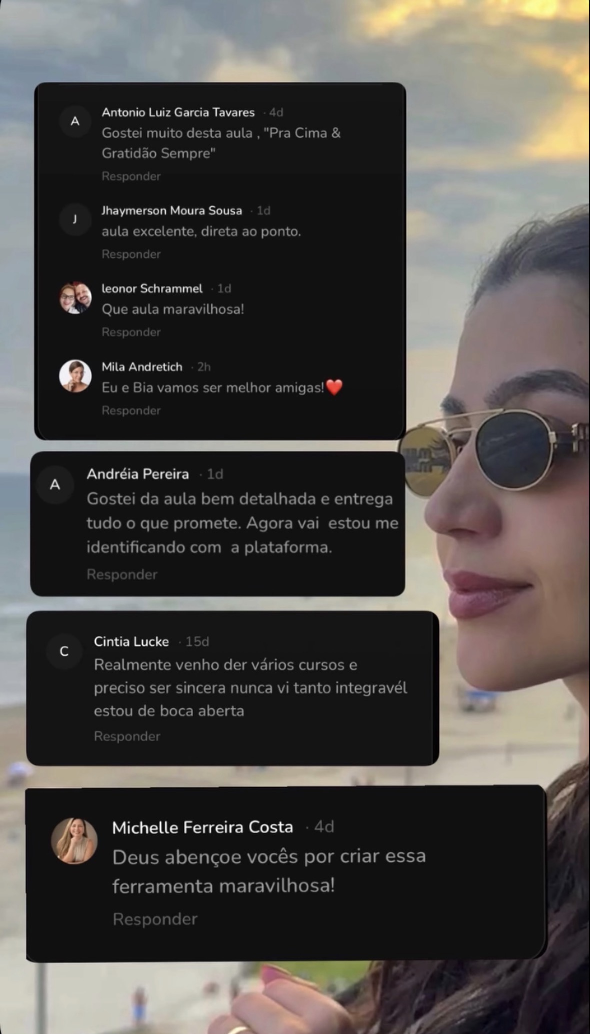 Comentários positivos de alunos sobre as aulas do Sistema Billion