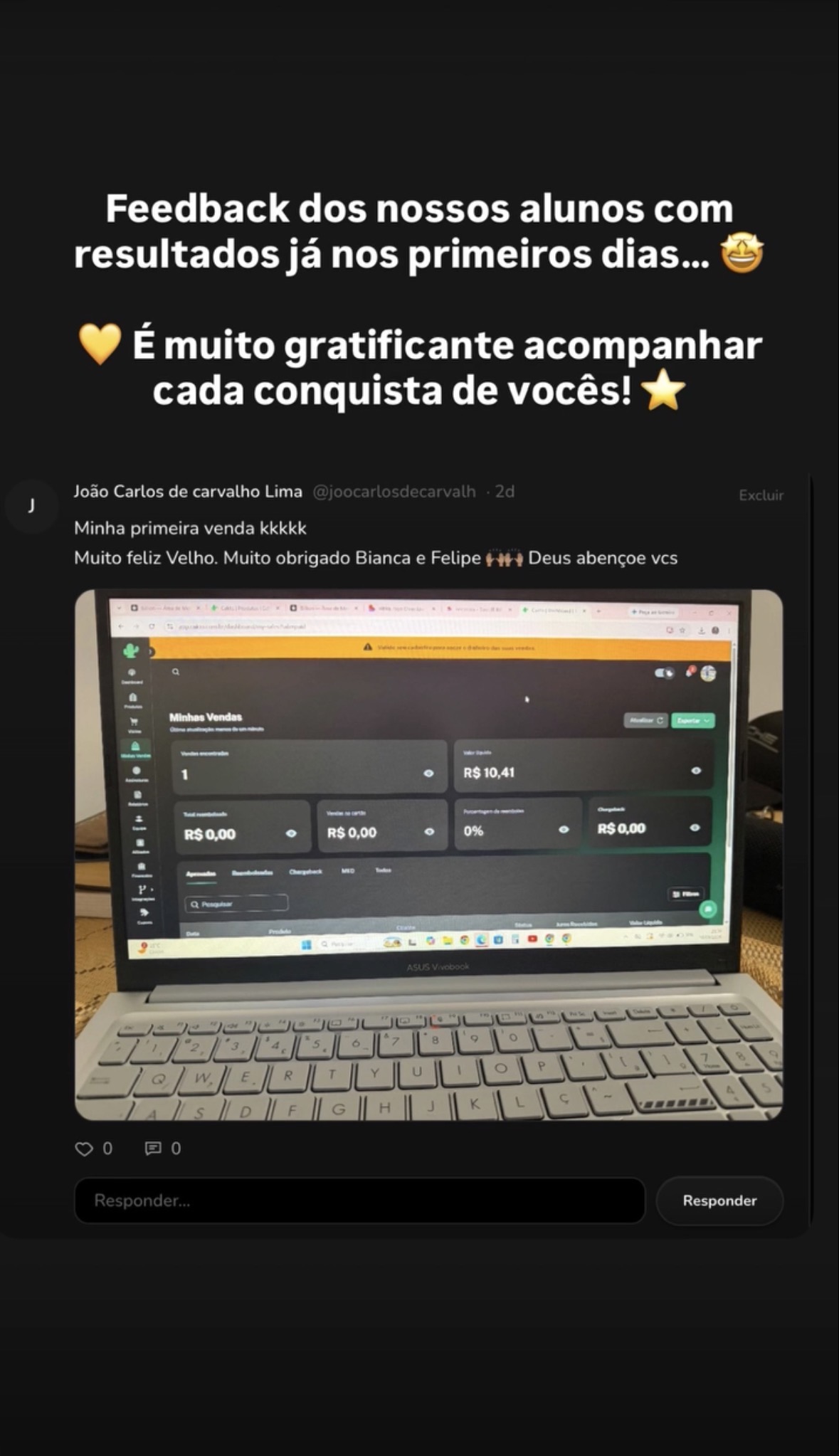Print de João Carlos comemorando a primeira venda no painel de vendas