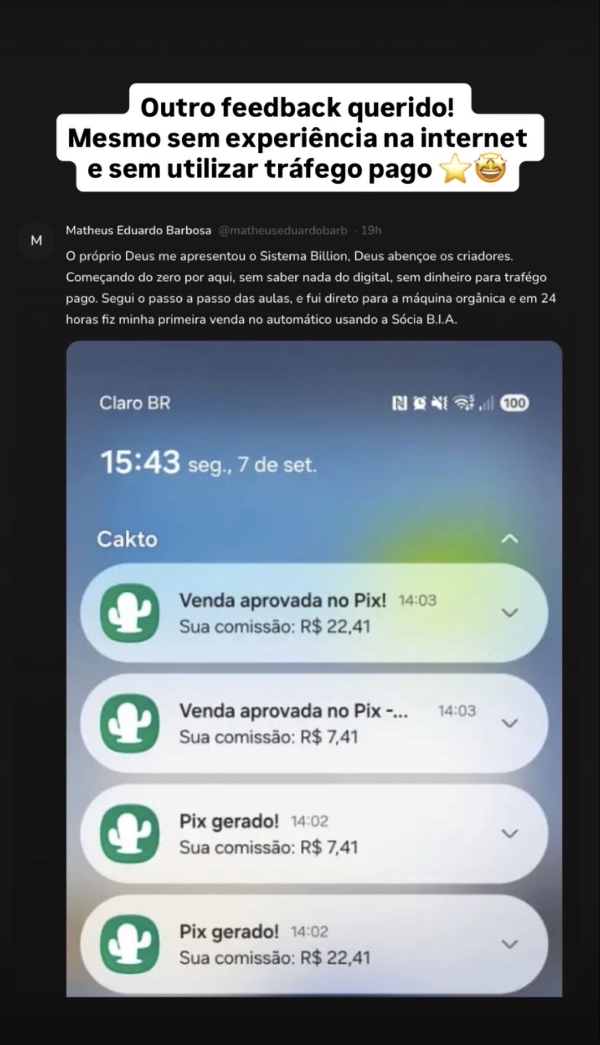 Print de aluno Matheus: primeira venda no Pix em 24 horas usando o Sistema Billion