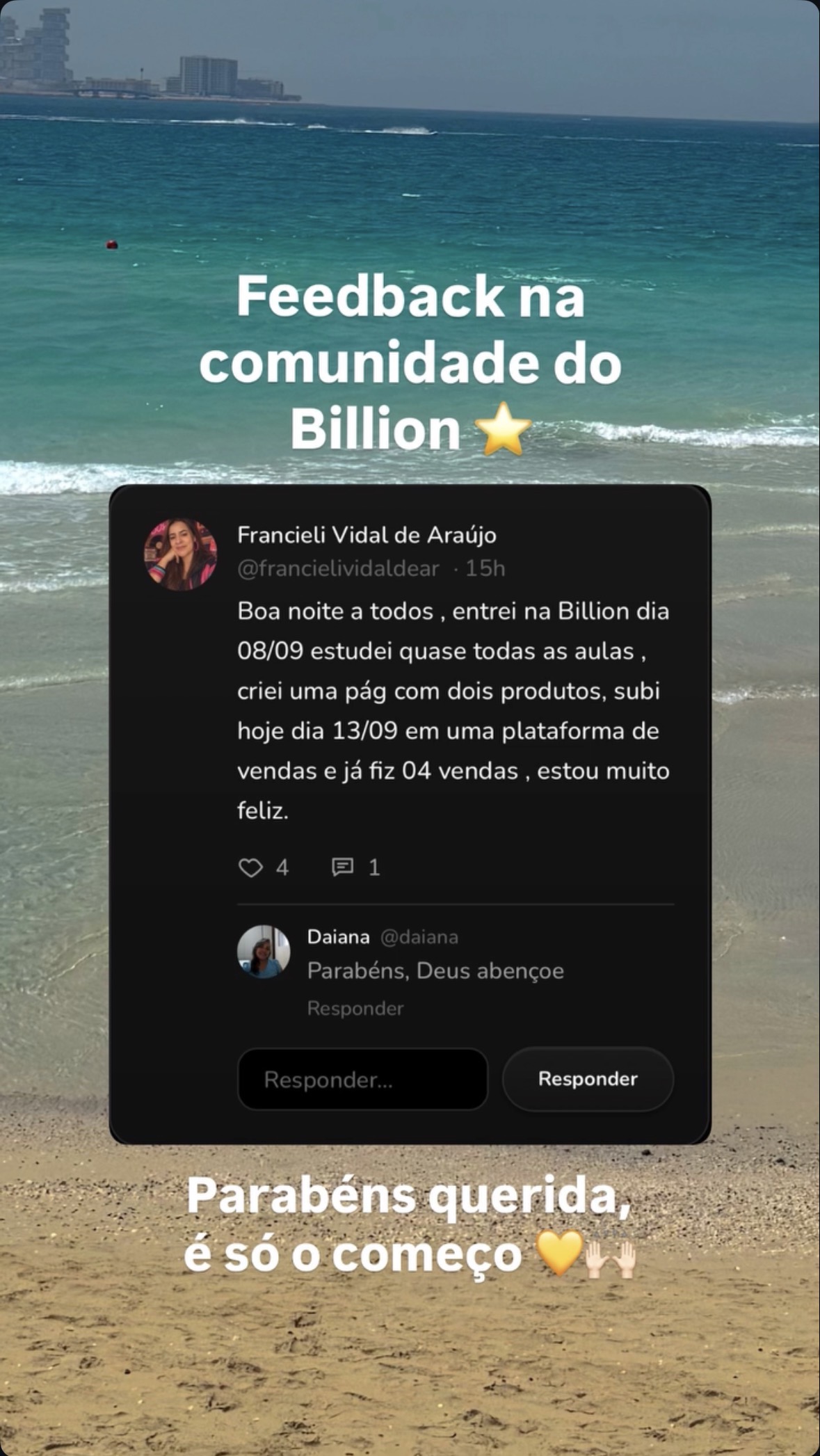 Print de Francieli que fez 4 vendas na primeira semana no Sistema Billion